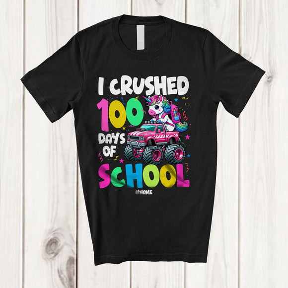 MacnyStore - Personalized I Crushed 100 Days of School; Joyful Unicorn On Monster Truck; Custom Name Girl Students T-Shirt