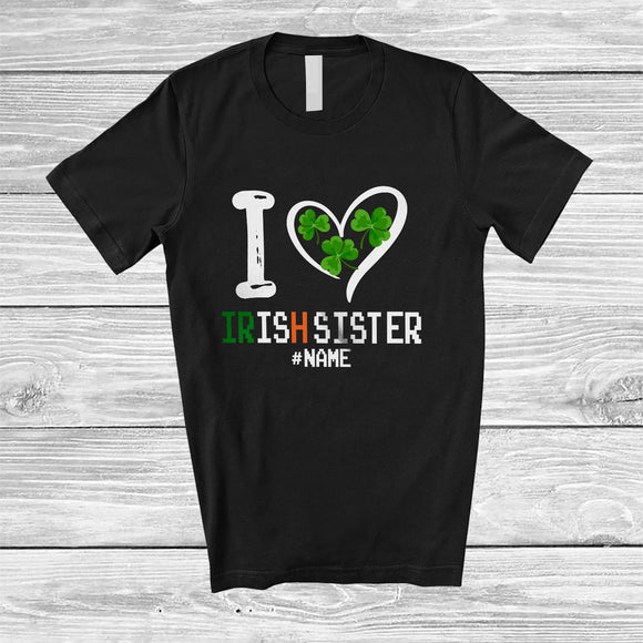 MacnyStore - Personalized I Heart Irish Sister; Lovely St. Patrick's Day Shamrocks; Custom Name Family T-Shirt