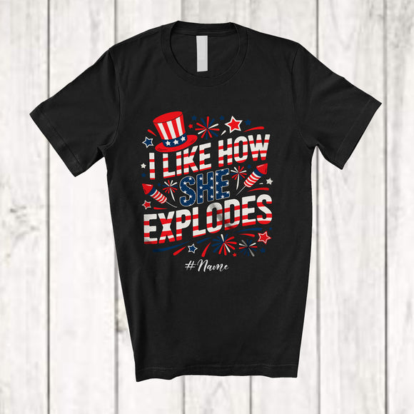 MacnyStore - Personalized I Like How She Explodes; Joyful 4th Of July Firework; Custom Name Patriotic Couple T-Shirt