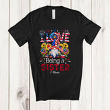 MacnyStore - Personalized I Love Being A Sister; Lovely 4th of July Custom Name Family Gnome; Sunflower T-Shirt