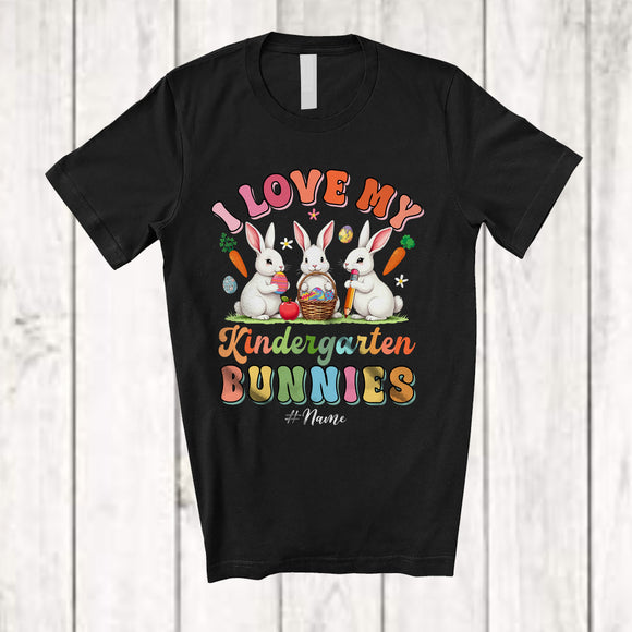 MacnyStore - Personalized I Love My Kindergarten Bunnies; Lovely Easter Egg Basket; Custom Name Student Teacher T-Shirt