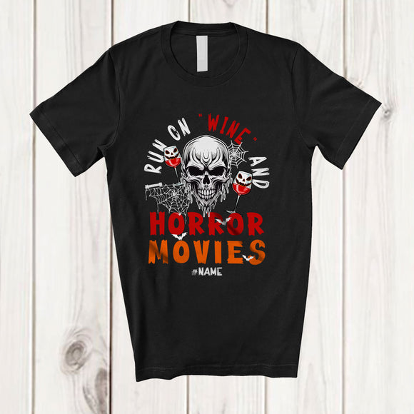 MacnyStore - Personalized I Run On Wine Horror Movies; Scary Halloween Custom Name Skull Drunker Drinking T-Shirt