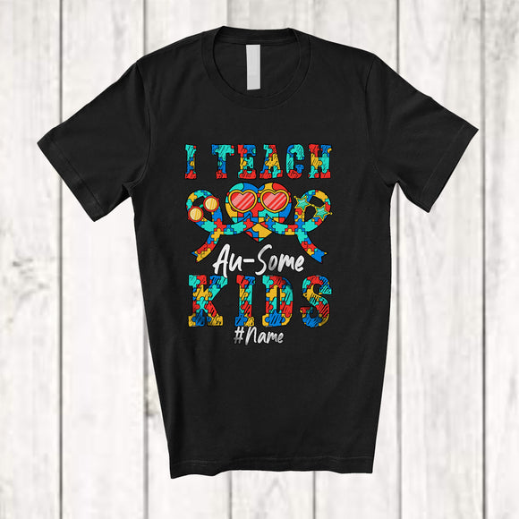 MacnyStore - Personalized I Teach Au-Some Kids; Awesome Autism Puzzle Heart Ribbons; Custom Name Teacher T-Shirt