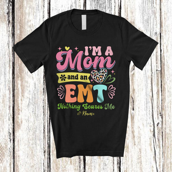 MacnyStore - Personalized I'm A Mom And An EMT; Amazing Mother's Day Leopard Heart; Custom Name Nurse T-Shirt