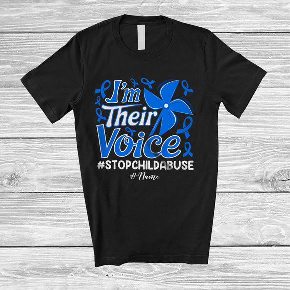 MacnyStore - Personalized I'm Their Voice; Joyful Stop Child Abuse Ribbon Blue Pinwheel; Custom Name Family T-Shirt