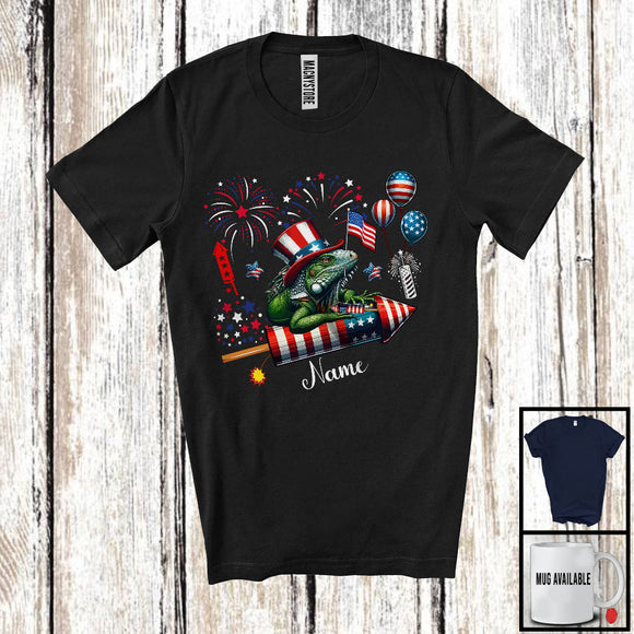 MacnyStore - Personalized Iguana Riding Firecracker, Lovely 4th Of July USA Flag Custom Name, Zoo Animal T-Shirt