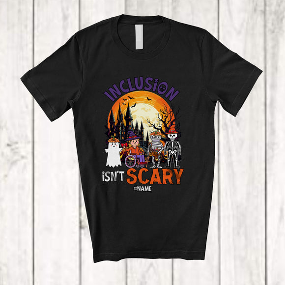 MacnyStore - Personalized Inclusion Isn't Scary; Creepy Halloween Moon Custom Name SLP Sped Teacher T-Shirt