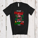 MacnyStore - Personalized My Christmas In July Birthday; Joyful Summer Custom Name Flamingo Hawaiian Tropical T-Shirt