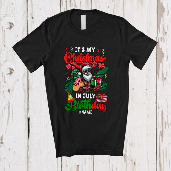 MacnyStore - Personalized My Christmas In July Birthday; Joyful Summer Custom Name Santa Hawaiian Tropical T-Shirt