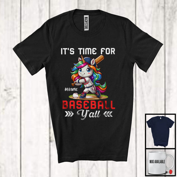 MacnyStore - Personalized It's Time For Baseball Y'all; Lovely Unicorn Playing Baseball; Custom Name Player T-Shirt
