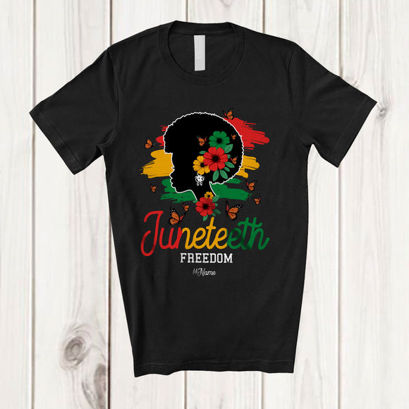 MacnyStore - Personalized Juneteenth Freedom; Lovely Custom Name Flowers Afro Messy Bun Woman; Family T-Shirt