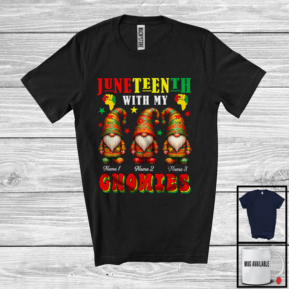 MacnyStore - Personalized Juneteenth With My Gnomies, Lovely Custom Name Three African Gnomes, Black Afro T-Shirt