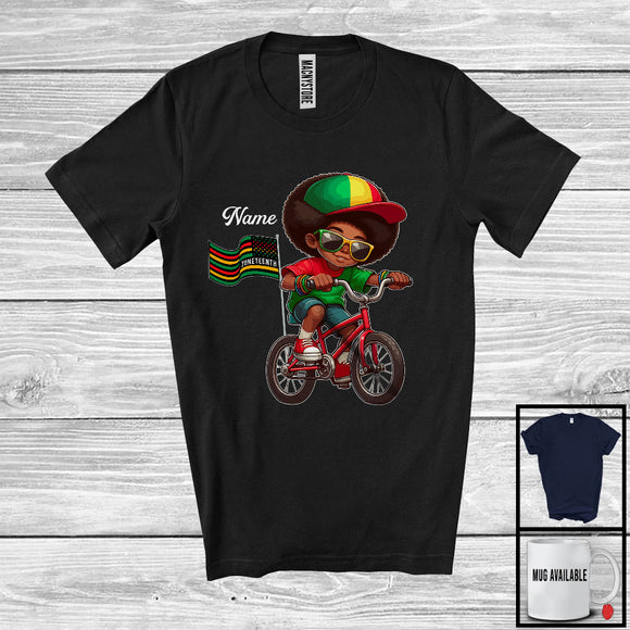 MacnyStore - Personalized Juneteenth, Lovely Custom Name Afro African Boy Riding Bicycle, Black Melanin Pride T-Shirt