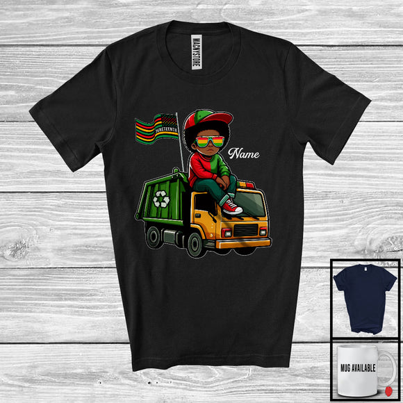 MacnyStore - Personalized Juneteenth, Lovely Custom Name Afro African Boy Riding Garbage Truck, Black Melanin T-Shirt
