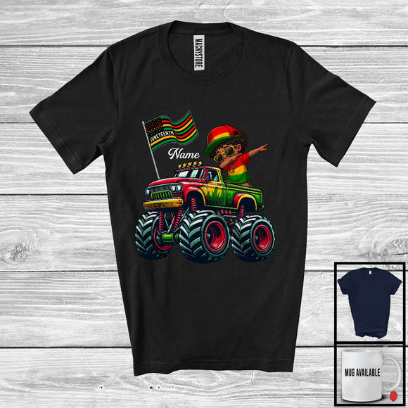 MacnyStore - Personalized Juneteenth, Lovely Custom Name Afro Boy Riding Dabbing Monster Truck, Black Melanin T-Shirt