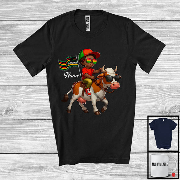MacnyStore - Personalized Juneteenth, Lovely Custom Name Black Afro African Riding Riding Dairy Cow, Animal Lover T-Shirt