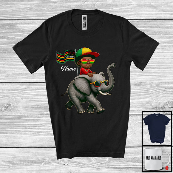 MacnyStore - Personalized Juneteenth, Lovely Custom Name Black Afro African Riding Riding Elephant, Animal Lover T-Shirt