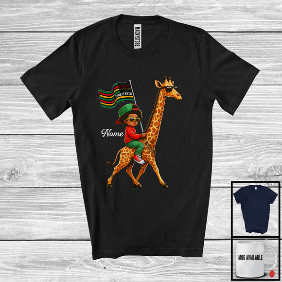 MacnyStore - Personalized Juneteenth, Lovely Custom Name Black Afro African Riding Riding Giraffe, Animal Lover T-Shirt