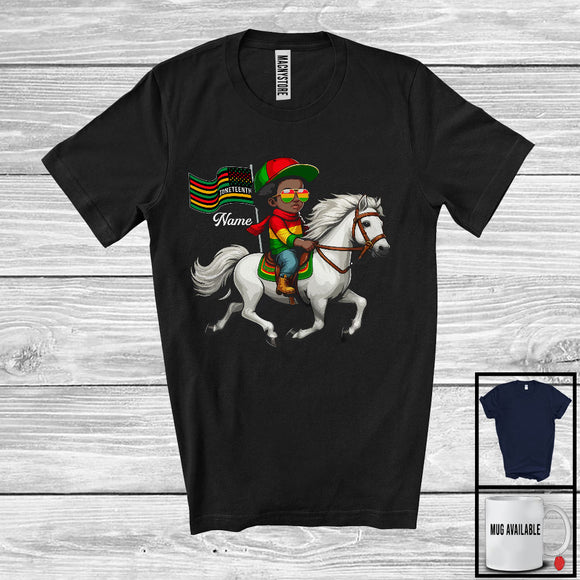 MacnyStore - Personalized Juneteenth, Lovely Custom Name Black Afro African Riding Riding Horse, Animal Lover T-Shirt