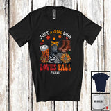 MacnyStore - Personalized Just A Girl Who Loves Fall; Adorable Custom Name Zebra; Fall Plaid Sunflowers T-Shirt