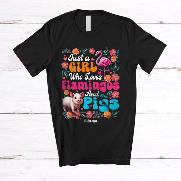 MacnyStore - Personalized Just A Girl Who Loves Flamingos Pigs; Floral Custom Name Farmer; Flowers Farm T-Shirt