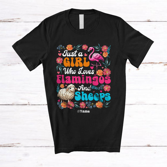 MacnyStore - Personalized Just A Girl Who Loves Flamingos Sheeps; Floral Custom Name Farmer; Flowers Farm T-Shirt
