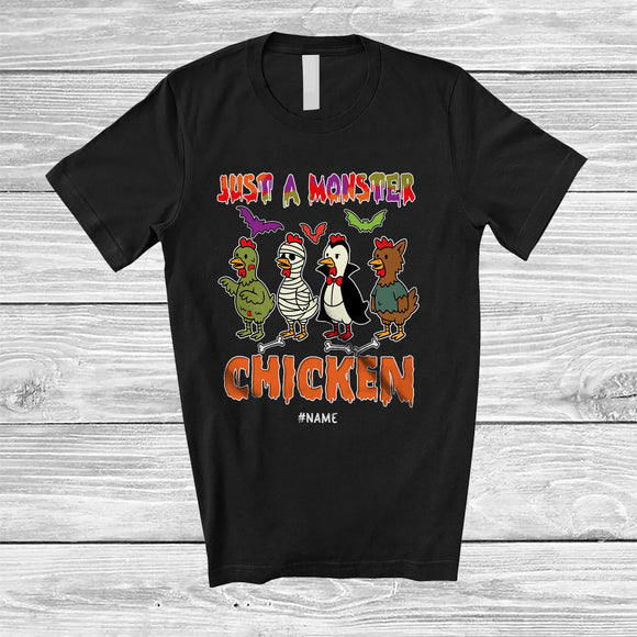 MacnyStore - Personalized Just A Monster Chicken; Lovely Halloween Zombie Mummy Chicken; Custom Name Farmer T-Shirt