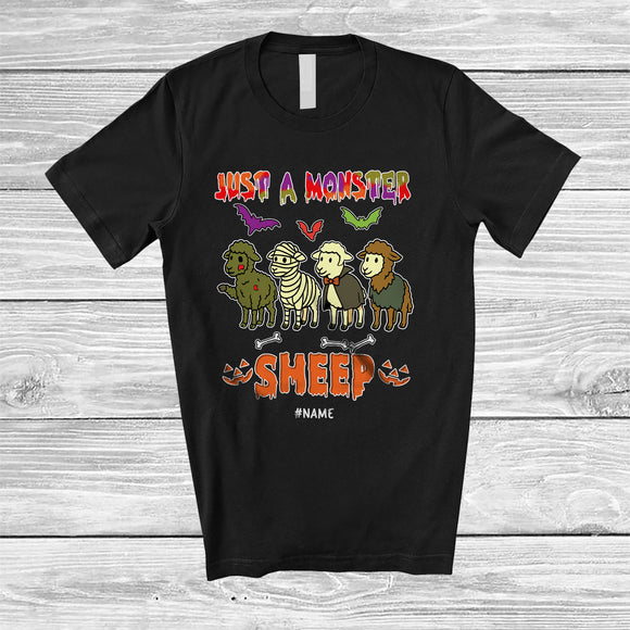 MacnyStore - Personalized Just A Monster Sheep; Lovely Halloween Zombie Mummy Sheep; Custom Name Farmer T-Shirt