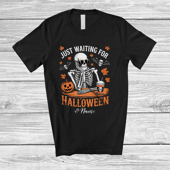 MacnyStore - Personalized Just Waiting For Halloween; Awesome Custom Name Skeleton Pumpkin Coffee T-Shirt