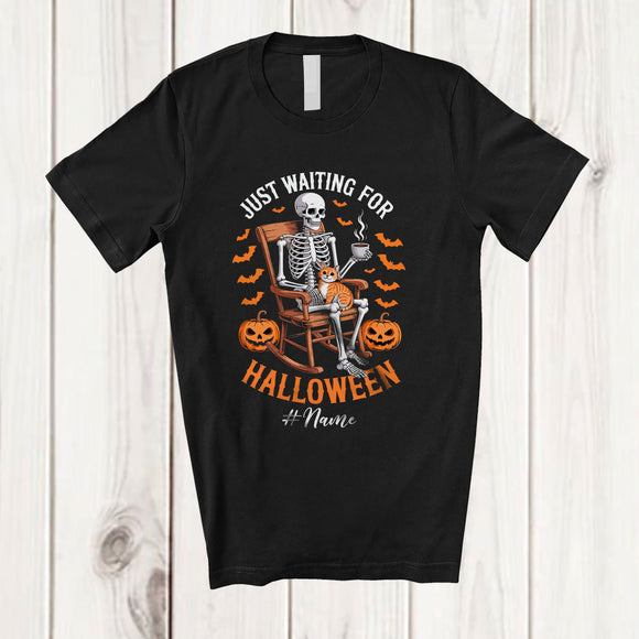 MacnyStore - Personalized Just Waiting For Halloween; Humorous Custom Name Skeleton Coffee Pumpkin T-Shirt