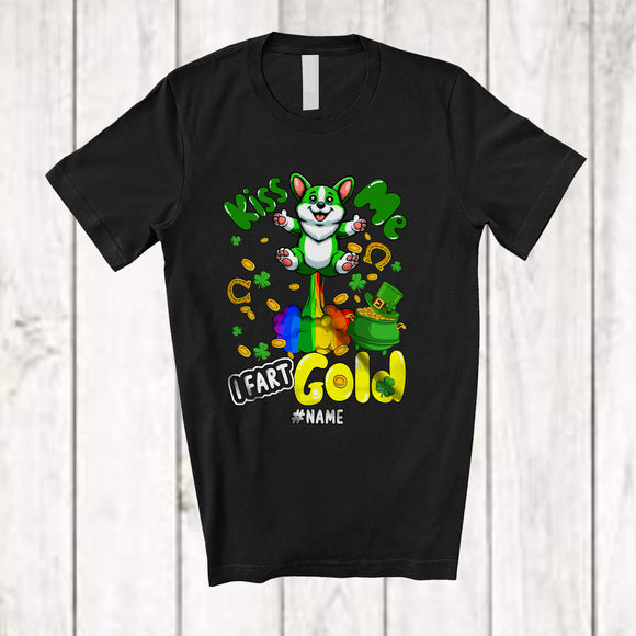 MacnyStore - Personalized Kiss Me I Fart Gold; Humorous St. Patrick's Day Custom Name Corgi; Irish Shamrocks T-Shirt
