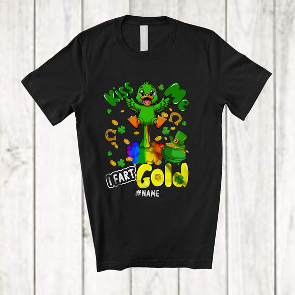 MacnyStore - Personalized Kiss Me I Fart Gold; Humorous St. Patrick's Day Custom Name Duck; Irish Shamrocks T-Shirt