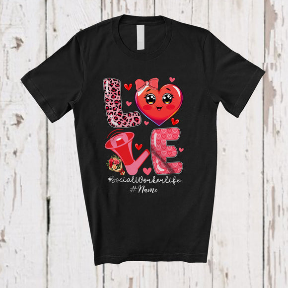 MacnyStore - Personalized LOVE Social Worker; Lovely Valentine Hearts Leopard; Custom Name Social Worker Jobs T-Shirt