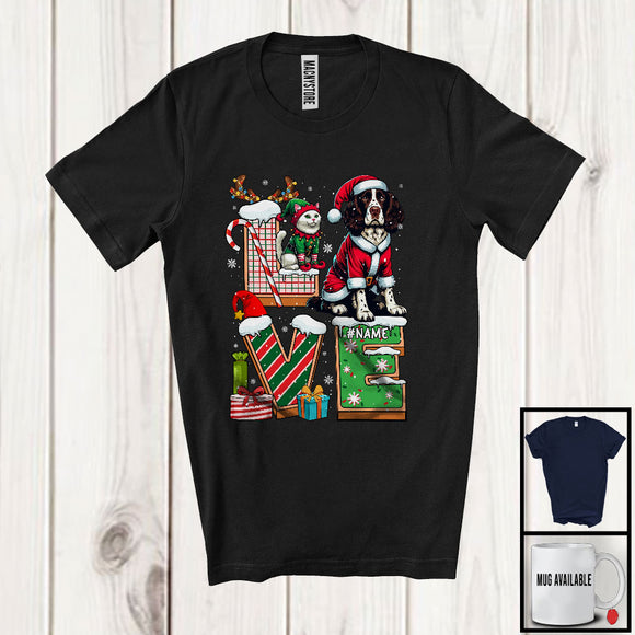 MacnyStore - Personalized LOVE, Adorable Christmas Custom Name English Springer Spaniel Santa, Candy Cane X-mas T-Shirt
