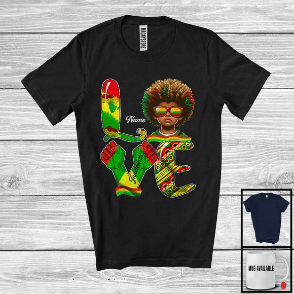 MacnyStore - Personalized LOVE, Adorable Juneteenth Custom Name Black Afro Boy, Strong Hands African Pride T-Shirt