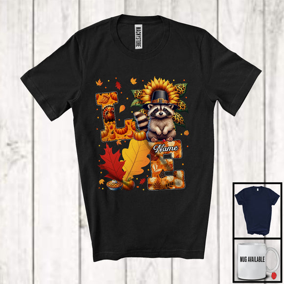 MacnyStore - Personalized LOVE, Adorable Thanksgiving Custom Name Raccoon, Sunflower Fall Leaves T-Shirt