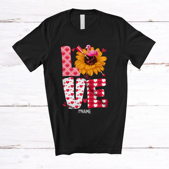 MacnyStore - Personalized LOVE; Adorable Valentine's Day Sunflower Flamingo; Custom Name Flamingo Lover T-Shirt