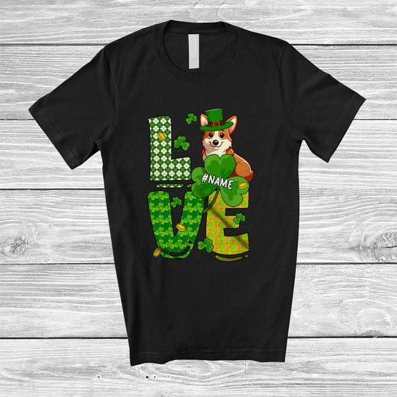 MacnyStore - Personalized LOVE; Wonderful St. Patrick's Day Custom Name Corgi Leprechaun Shamrocks T-Shirt