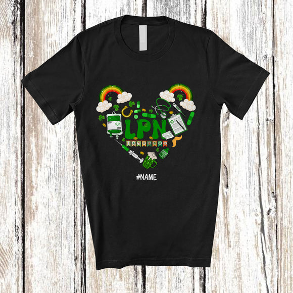 MacnyStore - Personalized LPN; Amazing St. Patrick's Day Rainbow Shamrock Heart Shape; Custom Name Nurse T-Shirt