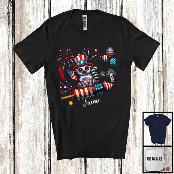 MacnyStore - Personalized Lemur Riding Firecracker, Lovely 4th Of July USA Flag Custom Name, Zoo Animal T-Shirt