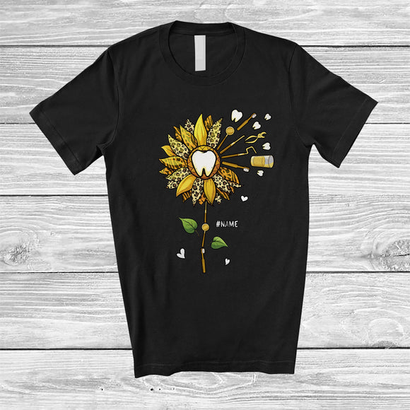 MacnyStore - Personalized Leopard Sunflower With Tools Dental; Lovely Flowers Custom Name Women Family T-Shirt