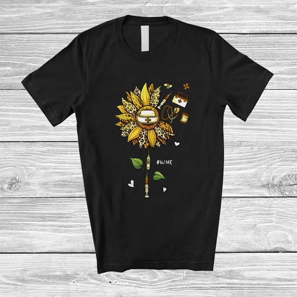 MacnyStore - Personalized Leopard Sunflower With Tools Nurse; Lovely Flowers Custom Name Women Family T-Shirt