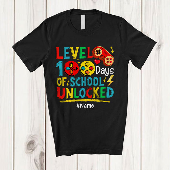 MacnyStore - Personalized Level 100 Days Of School Unlocked; Colorful Custom Name Gamer; Video Games T-Shirt