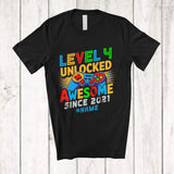 MacnyStore - Personalized Level 4 Unlocked Awesome Since 2021; Lovely 4th Birthday Custom Name Gamer T-Shirt