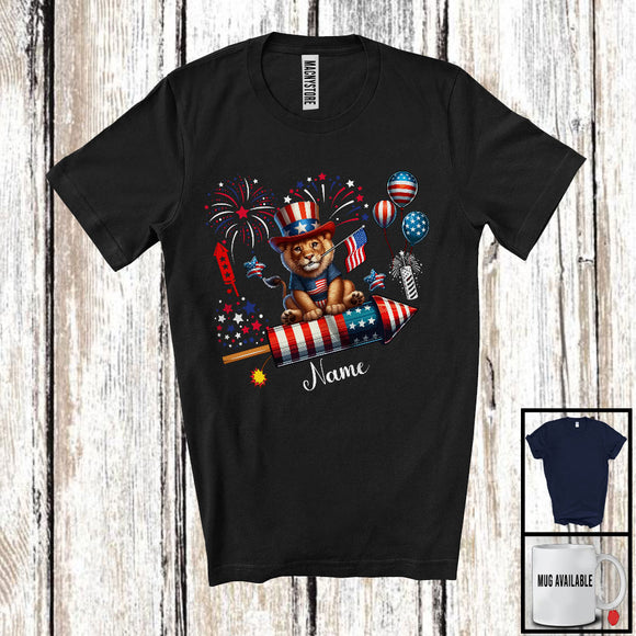 MacnyStore - Personalized Lion Riding Firecracker, Lovely 4th Of July USA Flag Custom Name, Zoo Animal T-Shirt
