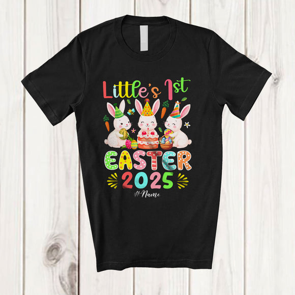 MacnyStore - Personalized Little's 1st Easter 2025; Joyful Birthday Three Bunnies Eggs Hunt; Custom Name Family T-Shirt