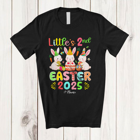 MacnyStore - Personalized Little's 2nd Easter 2025; Joyful Birthday Three Bunnies Eggs Hunt; Custom Name Family T-Shirt
