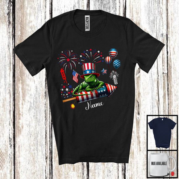 MacnyStore - Personalized Lizard Riding Firecracker, Lovely 4th Of July USA Flag Custom Name, Zoo Animal T-Shirt