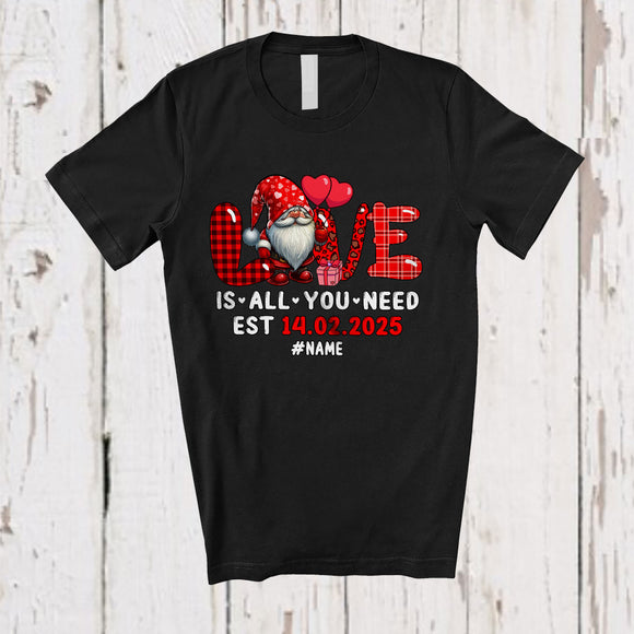 MacnyStore - Personalized Love Is All You Need 2025; Joyful Valentine Custom Name Gnomes; Leopard Plaid T-Shirt