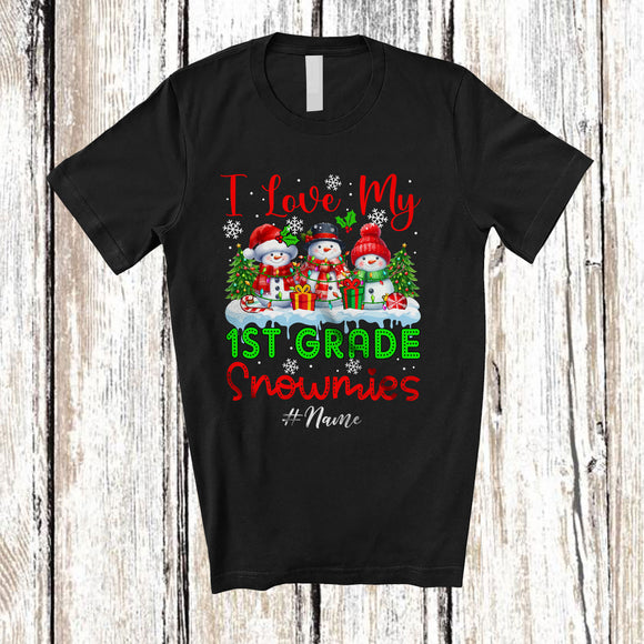 MacnyStore - Personalized Love My 1st Grade Snowmies; Lovely Christmas Custom Name Teacher Three Snowman T-Shirt